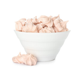 Bowl with tasty meringue isolated on white background