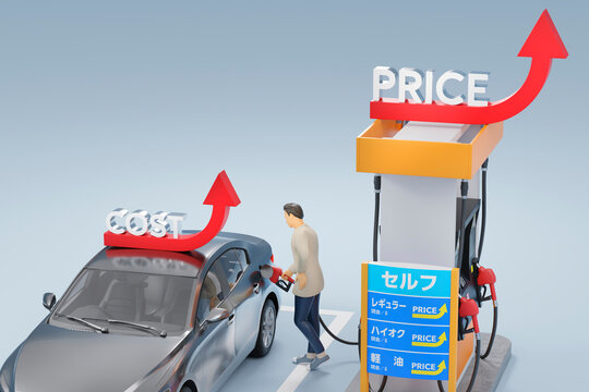ガソリンスタンドでマイカーに給油する男性 / ガソリン値上げ・原油価格高騰・燃料コスト増のコンセプトイメージ / 3Dレンダリンググラフィックス