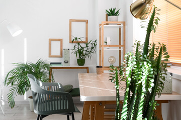 Interior of light office with modern workplace and houseplants