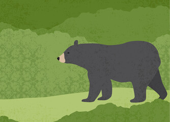 A black bear walking in nature, in a cut paper style with textures
