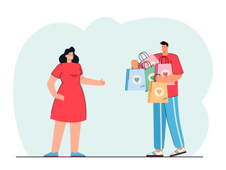 Husband carrying shopping bags for wife. Couple going shopping together flat vector illustration. Shopping, sale, marketing, love, family concept for banner, website design or landing web page