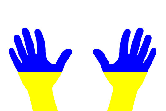 silhouette of hands with flag of Ukraine colors on white background copy space