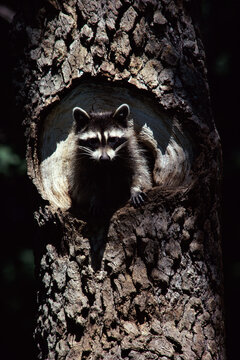 Raccoon in a tree trunk