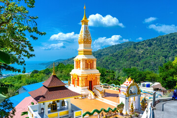 Buddah temple with beautiful views from top of mountain of Patong Phuket Thailand. 