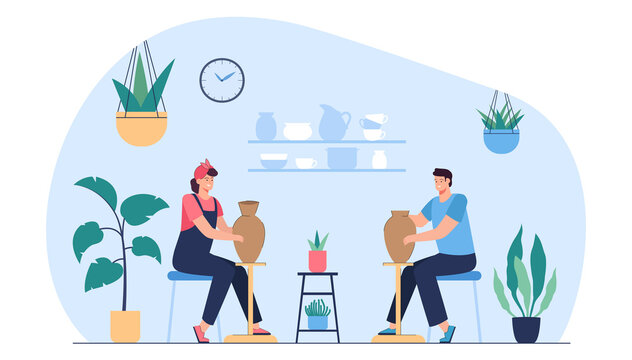 People making pottery at workshop flat vector illustration. Happy man and woman decorating ceramic or clay pots and earthenware in studio, enjoying hobby. Recreation, handcraft concept