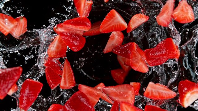 Super slow motion shot of rotating exploded strawberries with splashing water on black at 1000fps.