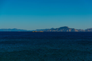 DATCA, TURKEY: Lighthouse and Seascape in the town of Datca on a sunny day.