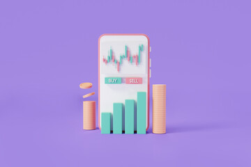 Mobile trading platform and coin on isolated purple background . Bitcoin cryptocurrency. Growing financial index. Mobile trading. Stock exchange. Forex trading concept. 3d rendering illustration