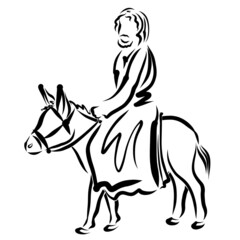 Lord Jesus, sitting on a donkey, enters Jerusalem, black outline