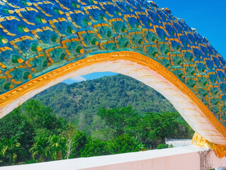 Buddah temple with beautiful views from top of mountain of Patong Phuket Thailand. 