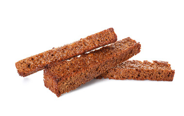 Tasty rye croutons on white background