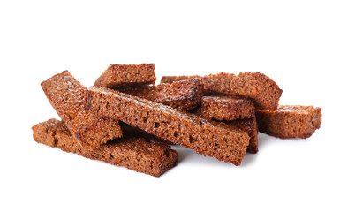 Tasty rye croutons on white background