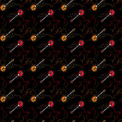 Modern seamless guitar pattern with melodies and notes, colorful and floral guitar elements. Feel music drawing illustrations. Good for printing. Varicolored wallpaper