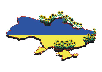Map of War in Ukraine 2022, Sunflowers and Ukrainian Flag 