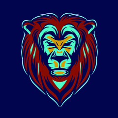 Lion head face vector silhouette line pop art potrait logo colorful design with dark background. Abstract vector illustration. 