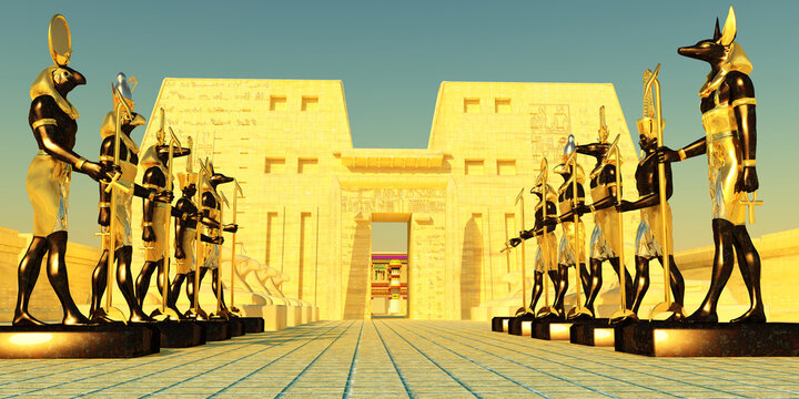 Avenue of Egyptian Gods - Several Egyptian god statues and sphinx line the entrance to a sacred temple in Egypt.