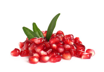 Tasty ripe pomegranate seeds on white background