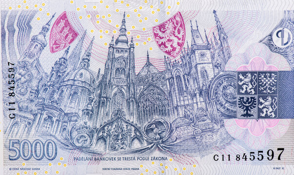 Buildings in Prague, Czech coat of arms, Portrait from Czech Republic 5000 Korun 2009 Banknotes.