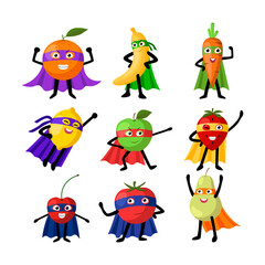 Cute superhero fruits characters cartoon illustration set. Banana, pear, strawberry, apple and carrot in masks with comic faces expressing various emotions. Healthy food concept