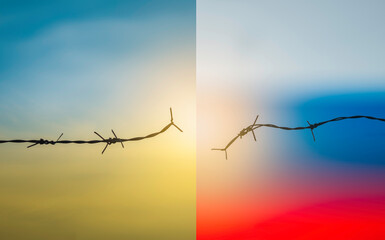 Barbed wire fence with sunset Twilight sky. Chain spike for world war safe security boundary concept for human rights slave, prison hostage hope to peace. International liberty day. russia ukraine