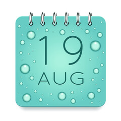 Fototapeta na wymiar 19 day of month. August. Calendar daily icon. Date day week Sunday, Monday, Tuesday, Wednesday, Thursday, Friday, Saturday. Dark Blue text. Cut paper. Water drop dew raindrops. Vector illustration.