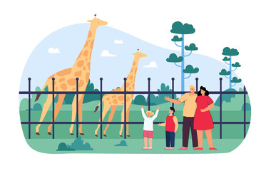 Happy family at zoo flat vector illustration. Mother, father, son and daughter looking at giraffes in cage, spending time together on weekend. Wild animals in enclosure. Safari concept - obrazy, fototapety, plakaty