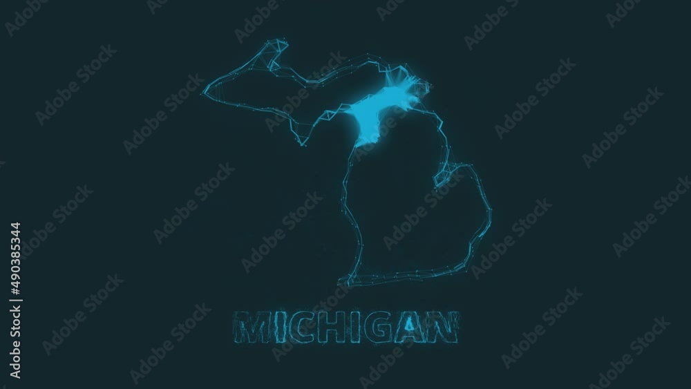 Poster Plexus flat map showing the state of Michigan from the United State of America on black background. USA. Plexus map of Michigan