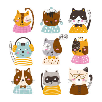 Set with cute cat on a white background. Kids print. Vector illustration.