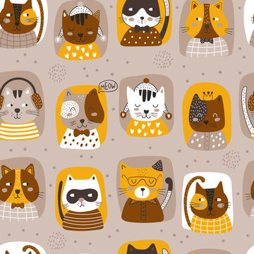 Seamless pattern with cute cat. Kids print. Vector