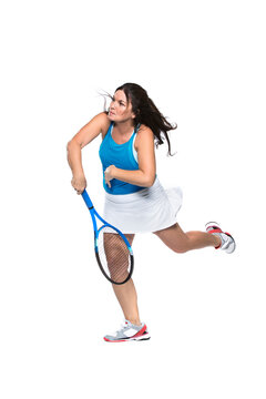 Female Tennis player playing on white background