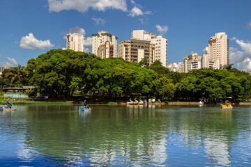 Fototapeta na wymiar Vista de um lago em um parque público da cidade de Goiânia. Lago das Rosas. Onde as famílias vão descansar e fazer piquenique.