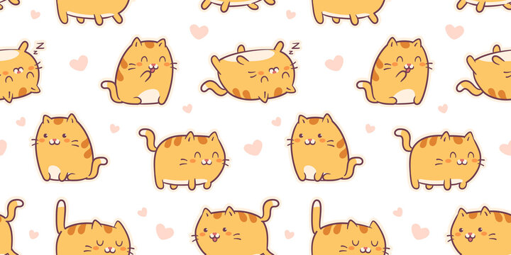 Cute kawaii red cats and white kittens - vector seamless pattern. Vector illustration with red kittens in funny poses. Background for print fabric, textile design, wrapping paper or wallpaper