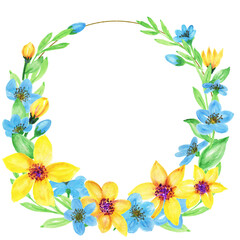 Yellow and blue flower in a wreath in a heart symbol.