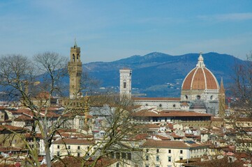 Naklejka premium Panorama ravvicinato di Firenze con Cupola Brunelleschi,Campanile di Giotto,Torre di Arnolfo visto dal Giardino Bardini nella collina di Belvedere.