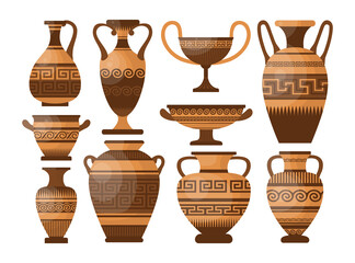 Ancient Greek pottery and vases cartoon illustration set. Amphora, jars, jugs and pots with patterns, ornament and decorations for oil and liquids. Grecian earthenware concept
