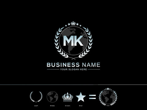 Initial MK m k letter Logo, Global mk creative two letters logo and circle Leaf Globe Royal Crown and Star image design