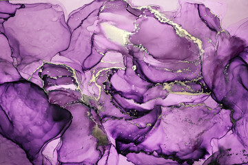 Obraz premium Abstract alcohol ink background in purple with golden splashes