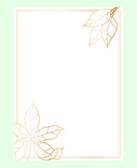 Rectangular postcard template with a rectangular frame decorated in the corner with a bouquet of decorative branches and leaves, hand drawn with a golden gradient stroke,