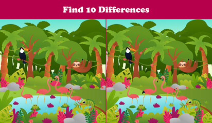 Find ten differences printable worksheet with tropical jungle paradise scene, pond with flamingo and toucan, sloth
