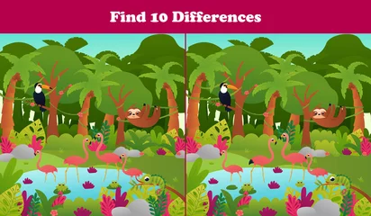 Fototapete Find ten differences printable worksheet with tropical jungle paradise scene, pond with flamingo and toucan, sloth © Lozovytska