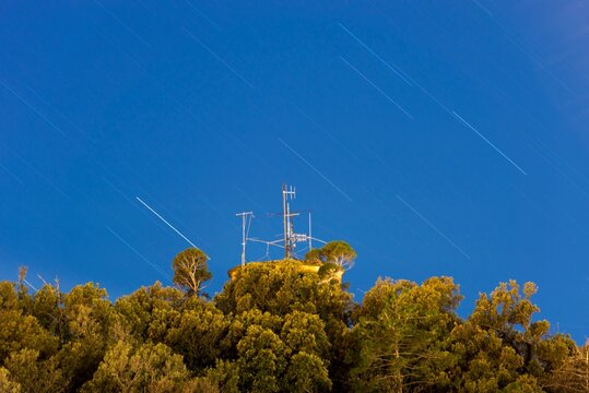 Marconi Radio Tower in Long Exposure with Star Trails. Marconi who Invented the Radio, Test the Radio Signal in this Tower, in Sestri Levante, Liguria in Italy.
