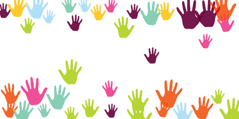 Colorful children handprints art therapy concept background design.