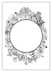 Rectangular postcard template with a round frame in the center, decorated with flowers and wild herbs in a circle. Vector black outline illustration.