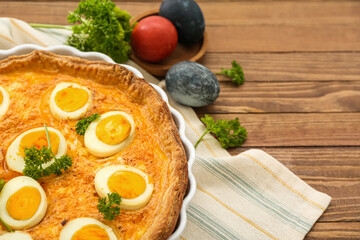 Delicious Easter tart with eggs on wooden background, closeup