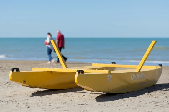 Rescue Boat on the Sand Beach in Rimini, Italy.