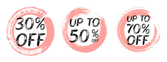 30? 50 and 70% off discount sale labels vector collection.