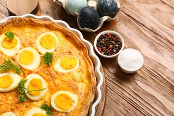 Tasty Easter tart with spices on wooden background, closeup