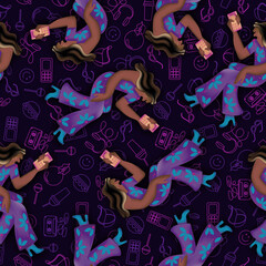 Seamless pattern retro-futuristic style popularized by Generation Z and millennials, nostalgia for pop culture fashion from the late 90s to the early 2000s. It can be used in textiles, web design