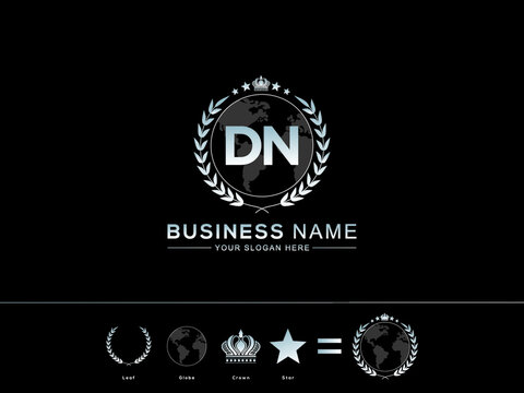Monogram DN Logo Icon, Colorful Dn nd Letter Logo Design and New circle Leaf Globe Royal Crown and Vector Star Design