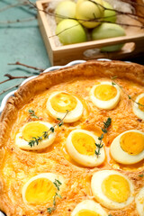 Tasty Easter tart with eggs, closeup